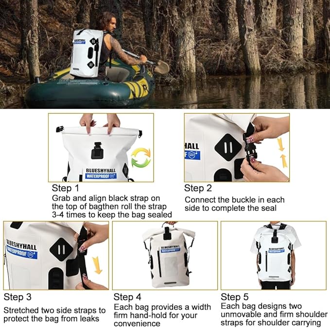 Blueshyhall 35L Waterproof Dry Backpack, Outdoor Travel Roll Top Closure Water Repellent Duffle Storage Sack for Kayaking Rafting Boating Fishing Camping and Beach - White