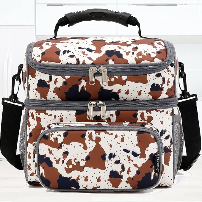 FlowFly Double Layer Cooler Insulated Lunch Bag Adult Lunch Box Large Tote Bag for Men, Women, With Adjustable Strap,Front Pocket and Dual Large Mesh Side Pockets