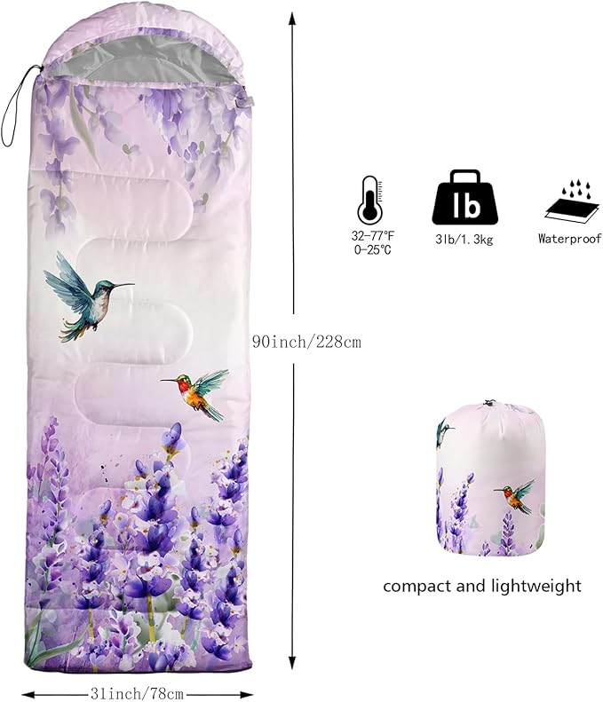 AILONEN Kids Floral Cat Camping Sleeping Bags,Lightweight & Waterproof,3 Season Warm & Cool Weather,Kawaii Kitten Sleeping Bags for Girls Adults,Travelling,Outdoors