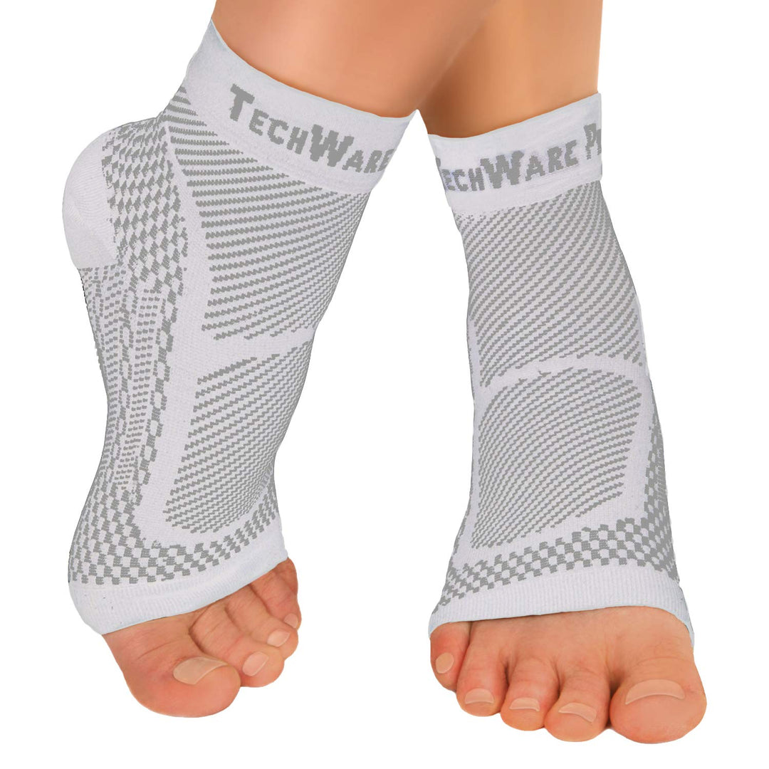 TechWare Pro Ankle Brace Compression Sleeve - Relieves Achilles Tendonitis, Joint Pain. Plantar Fasciitis Foot Sock with Arch Support Reduces Swelling & Heel Spur Pain. (White, S/M)