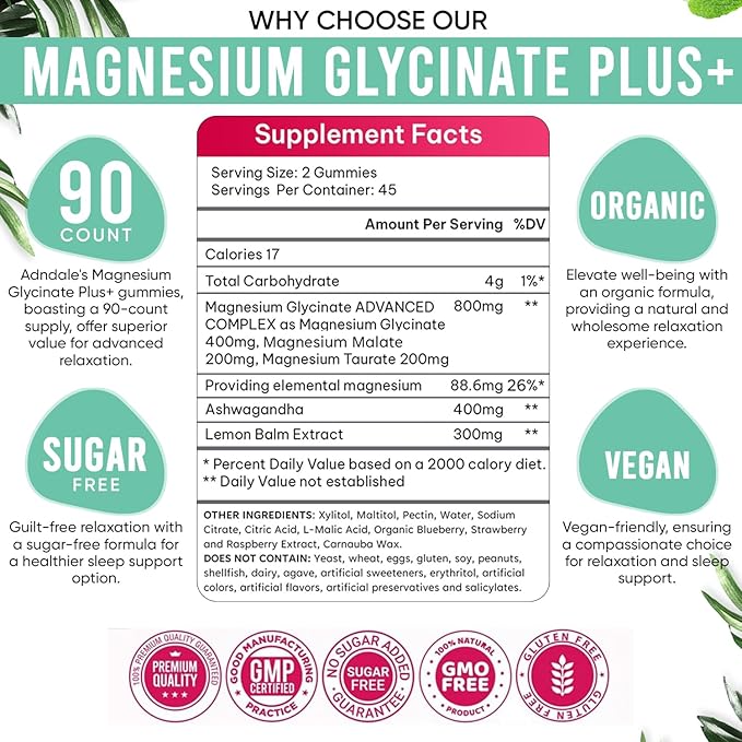 180 CT Magnesium Glycinate Gummies 400 mg/Serv - with Ashwagandha, Magnesium Malate & Taurate - Sugar Free Chews for Adults & Kids Relaxation, Stress Relief, Night Rest, Muscle & Cardio Support
