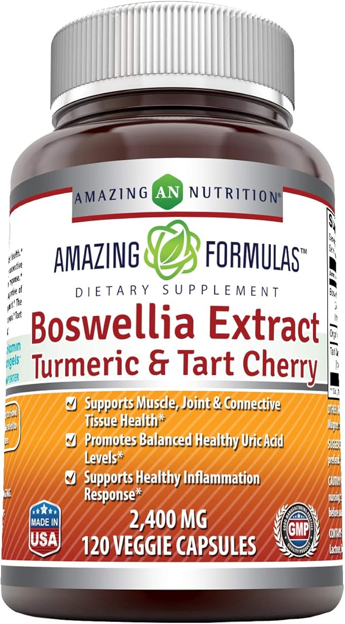 Amazing Formulas Boswellia Extract Turmeric and Tart Cherry 2400mg Veggie Capsules | Non-GMO | Gluten Free | Made in USA | Ideal for Vegetarians (120)