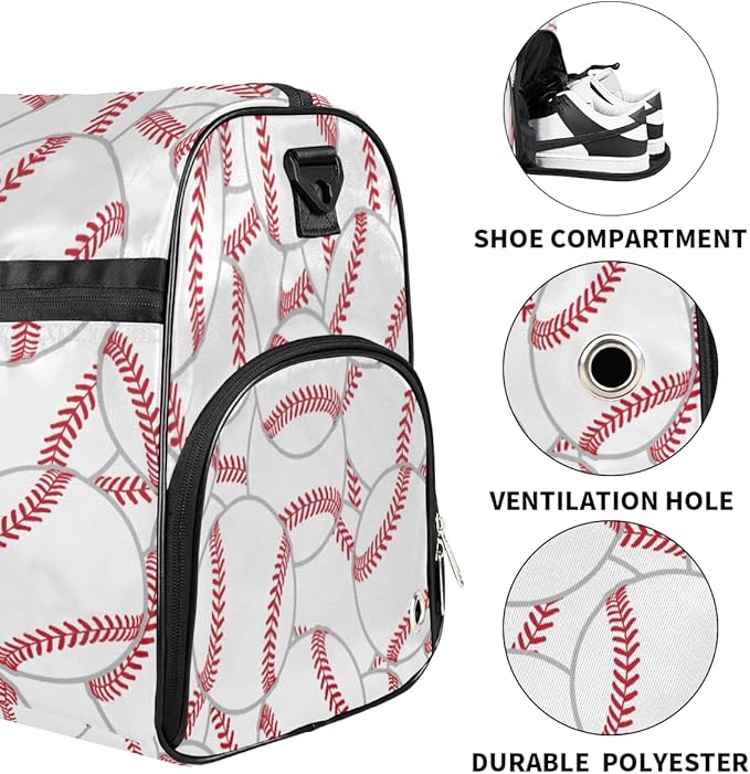 Sprot Baseball Dry Wet Depart Duffle Overnight Bag with Shoes Compartment & Wet Pockets, Water Resistant Weekender Travel Gym Pouch For Swim Gymnastics Ballet Sleepovers