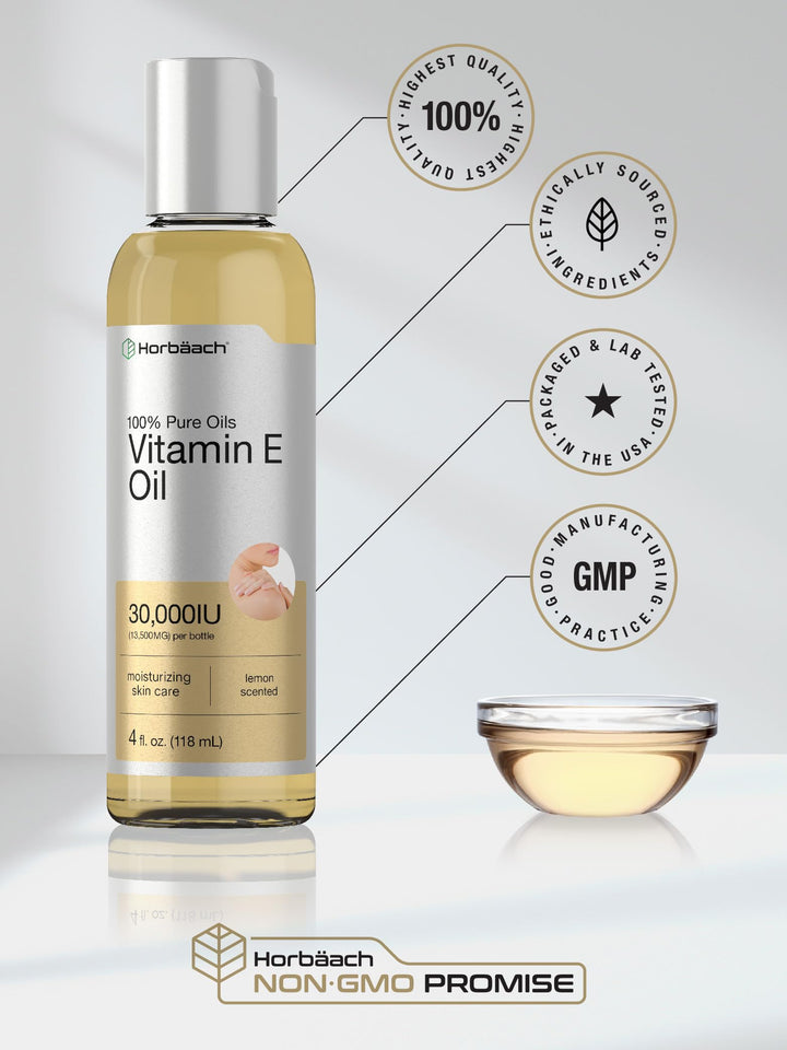 Horbäach Vitamin E Oil For Skin and Face | 30,000 IU | 4 fl oz | 100% Pure Oils | Moisturizing Skin Care | Non-GMO, Vegetarian | Lemon Scented