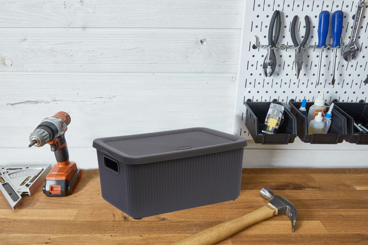 (Set of 3) 14L Litre Multipurpose Utility Plastic Storage Box With Lid & Handles Stackable Basket Container Lidded Storage Decorative Household Organiser Cosmetics Shelves (Bottle Grey)