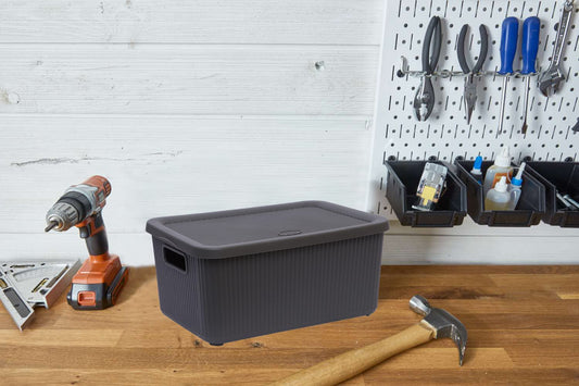 (Set of 3) 14L Litre Multipurpose Utility Plastic Storage Box With Lid & Handles Stackable Basket Container Lidded Storage Decorative Household Organiser Cosmetics Shelves (Bottle Grey)