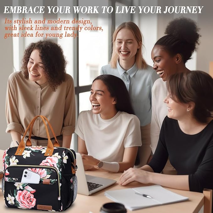 TuErCao Lunch Box for Women Adult Insulated Lunch Bag for Female Teacher Nurse Mom, Fashion Ladies Lunch Tote Bag for Work, Peony