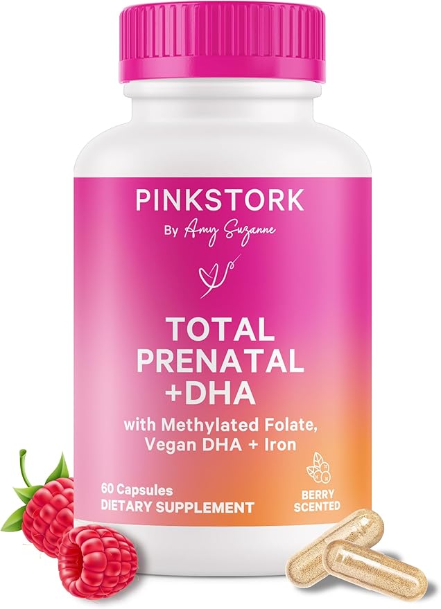 Pink Stork Total Prenatal Vitamins with DHA, Folate, Iron, Choline, and Vitamin B12 - Prenatals for Women to Support Fetal Development, Pregnancy Must Haves, Berry Essence, 60 Capsules, 1 Month Supply