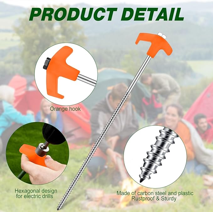 Hicarer 12 Inch Tent Stakes Screw in Camping Stakes Heavy Duty Metal Stake Ground Anchor Peg Threaded Tent Spikes with Hex Head Driver for Camping Garden Inflatable