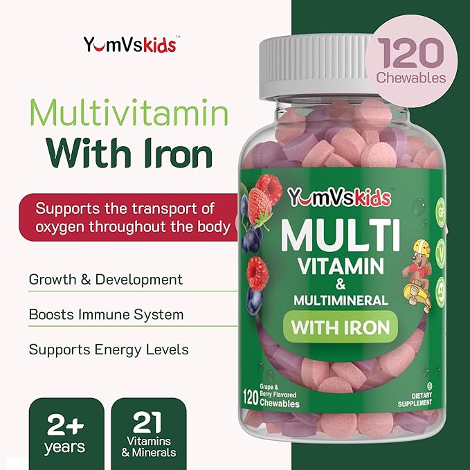 YumVs Complete Kids Multivitamin with Iron - Kids Chewable Multivitamin - Kids Vitamins Multivitamin + Iron Supplement - Toddler Vitamins for 2 Year Old+, Kosher, Halal, Gluten Free (120 Count 2pk)