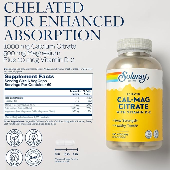Solaray Calcium Magnesium Citrate 2:1 Ratio with Vitamin D2, Healthy Bone, Muscle & Nerve Support, 60 Serv, 360 VegCaps