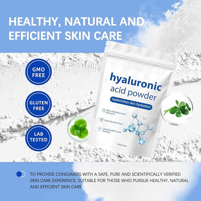 Hyaluronic Acid Powder, Cosmetic Grade Water Soluble Hyaluronic Hydrating for Face Anti-Aging Skincare, DIY Face Serum and Mask.