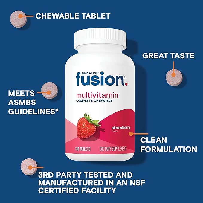 Bariatric Fusion Bariatric Multivitamin with Iron Complete Chewable | Strawberry | Post Bariatric Vitamins for Gastric Bypass and Sleeve Gastrectomy | One Month Supply