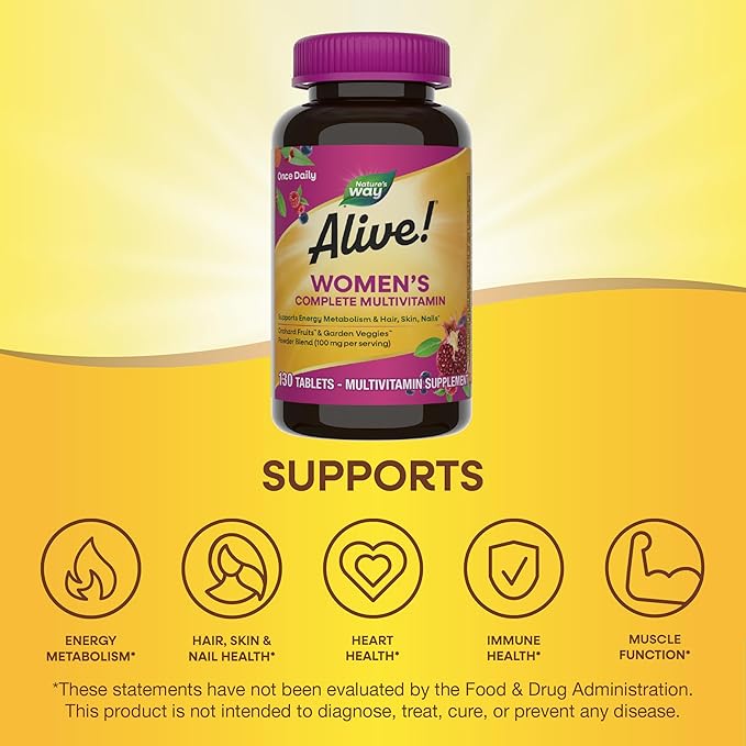 Nature's Way Alive! Daily Complete Multivitamin for Women, Supports Energy Metabolism, Hair, Skin & Nails*, B-Vitamins, 130 Tablets (Packaging May Vary)