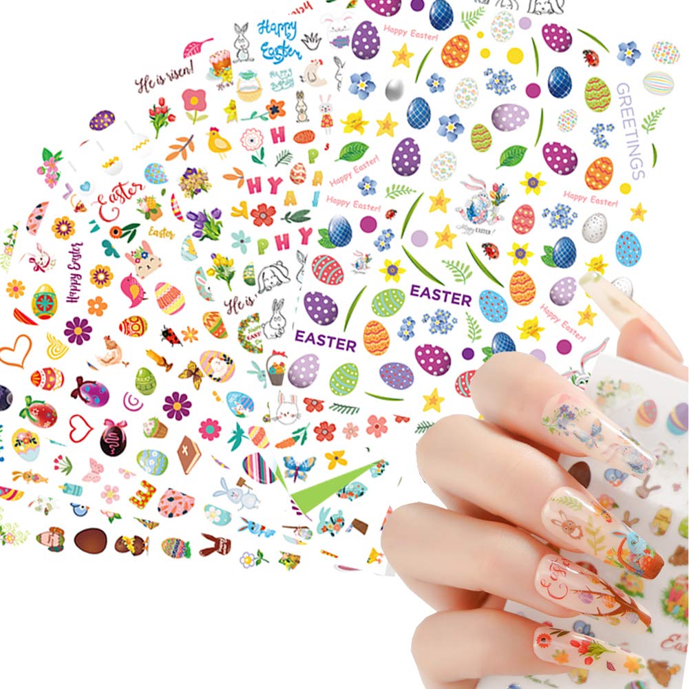 Easter Nail Art Stickers 8 Sheets 3D Self-Adhesive Decals Nail Art Supplies Bunny Eggs Chicken Cartoon Rabbits Sticker Set Manic