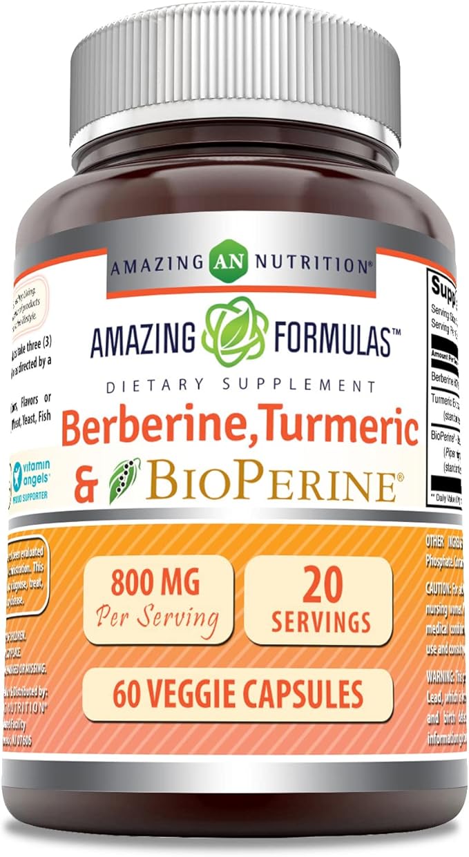 Amazing Formulas Berberine Turmeric & Bioperine 800mg Per Serving 60 Veggie Capsules Supplement | Non GMO | Gluten Free | Made in USA | Ideal for Vegetarians