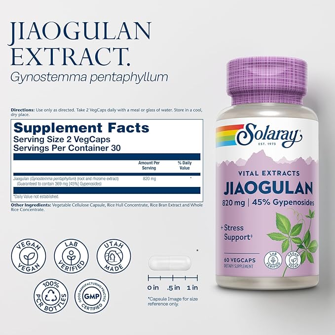 SOLARAY Jiaogulan Root and Rhizome Extract, Gynostemma Pentaphyllum Stress Support and Antioxidants Supplement - Vegan, Lab Verified - 60 Day Money-Back Guarantee, 30 Servings, 60 VegCaps