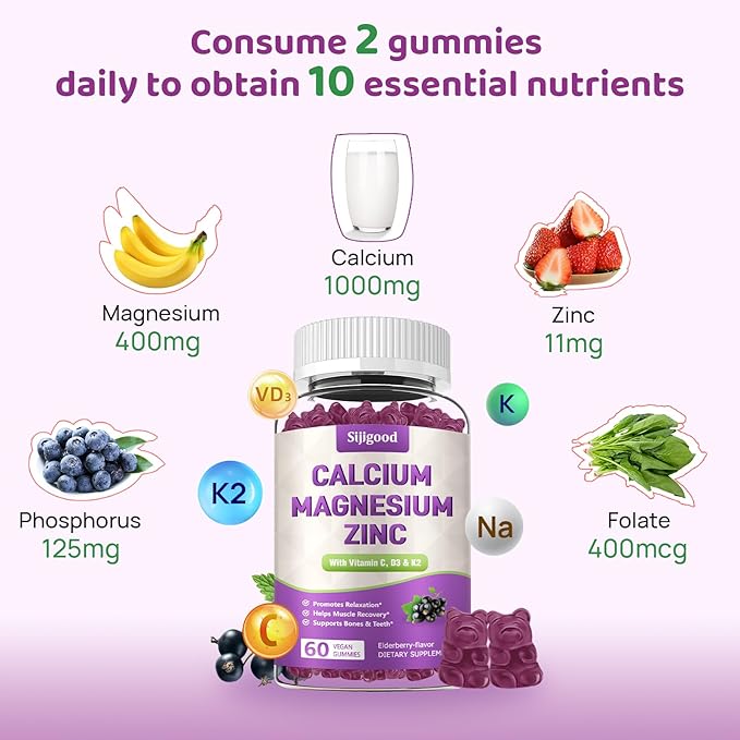 2 Pack Calcium Magnesium Zinc Gummies with Vitamin C D3 K2, Calcium Gummies for Bone, Muscle, Calm & Zzz Support, High Absorption Formula with Magnesium Zinc Potassium, Elderberry Flavored 120 Cts