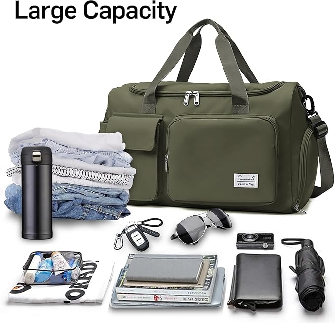 Travel Duffel Bag with Shoes Compartment Sports Gym Bag with Dry Wet Separated Pocket for Men and Women, Overnight Bag Weekender Bag Training Handbag Yoga Bag - Olive Green