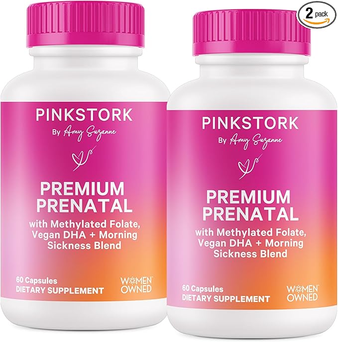 Pink Stork Premium Prenatal Vitamin for Women - Multivitamin & Probiotics - Morning Sickness, Digestion, & Energy - Folate, B6, & Iron - 60 Capsules - 2 Pack