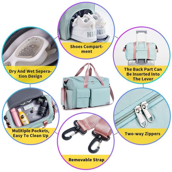 FIORETTO Women's Water-Resistant Gym Duffle Bag with Shoes Compartment, 37L Capacity, Multi-Functional, Ideal for Travel, Gym, Sports, Weekender, Green & Pink