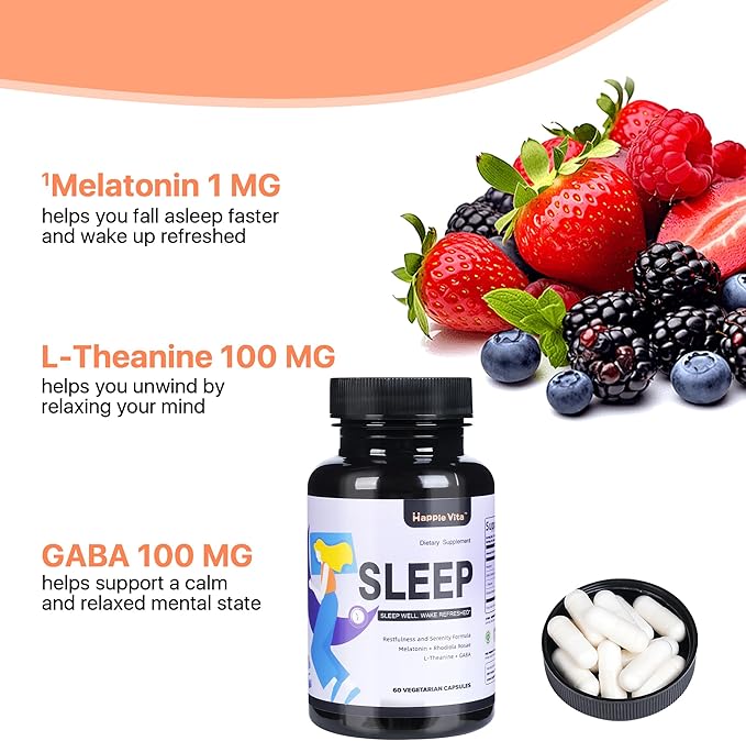 4 in 1 Sleep Aid for Adults, Melatonin 5mg with Rhodiola Rosea, GABA 250 mg, L Theanine 250mg, Relaxation and Sleep Supplement, 60 Capsules