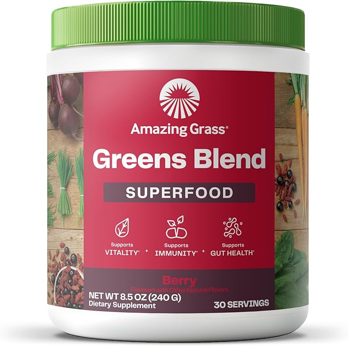 Amazing Grass Greens Superfood Powder: Greens Powder with Digestive Enzymes & Probiotics, Organic Spirulina, Chlorella, and Beet Root Powder, Berry, 30 Servings (Packaging May Vary)