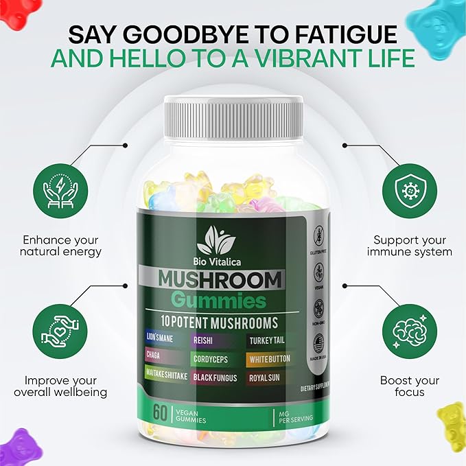 BIO VITALICA BioVitalica Mushroom Gummies - Lions Mane Gummies for Adults with 10 - Blend Mushrooms Complex Reishi, Chaga, Cordyceps, Turkey Tail, & More - Mushroom Supplement - Parental (5)
