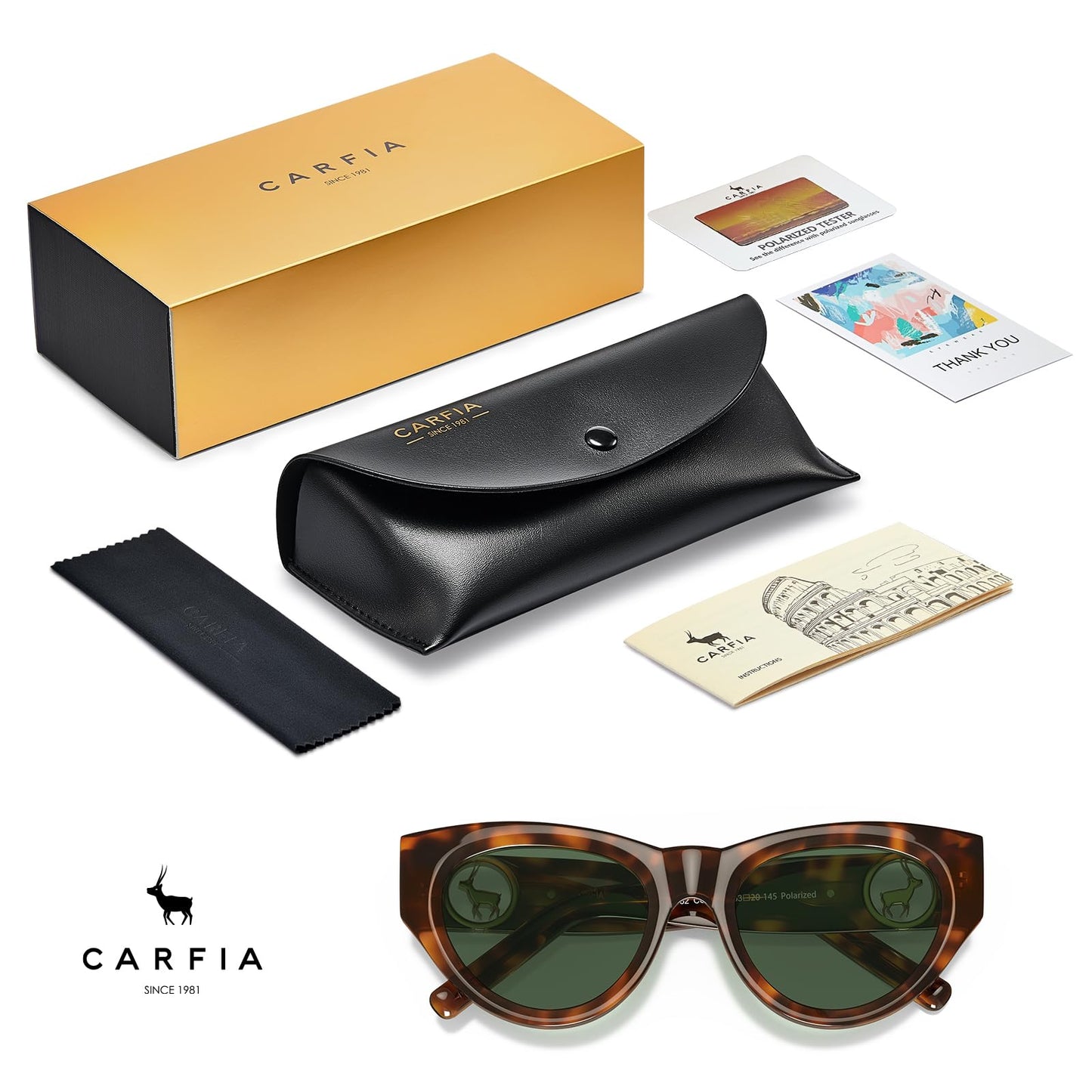 CARFIA Stylish Women's Cat-Eye Polarised Sunglasses Elegant Style for Ladies with Distinctive Antelope Logo in Italian Acetate Frame