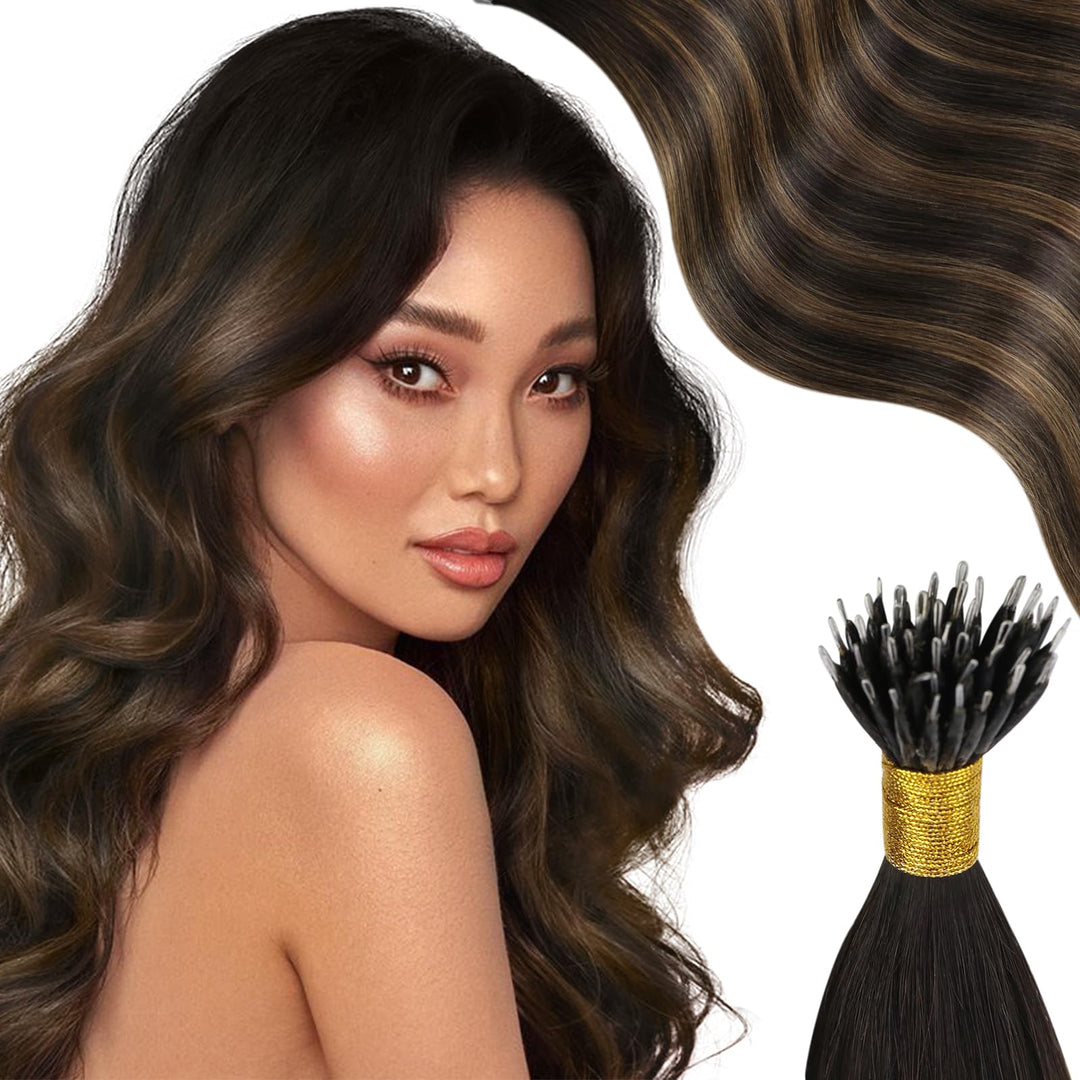 Moresoo Nano Bead Hair Extensions Human Hair Brown Balayage Nano Ring Hair Extensions Ombre Dark Brown Mix Medium Brown Nano Tip