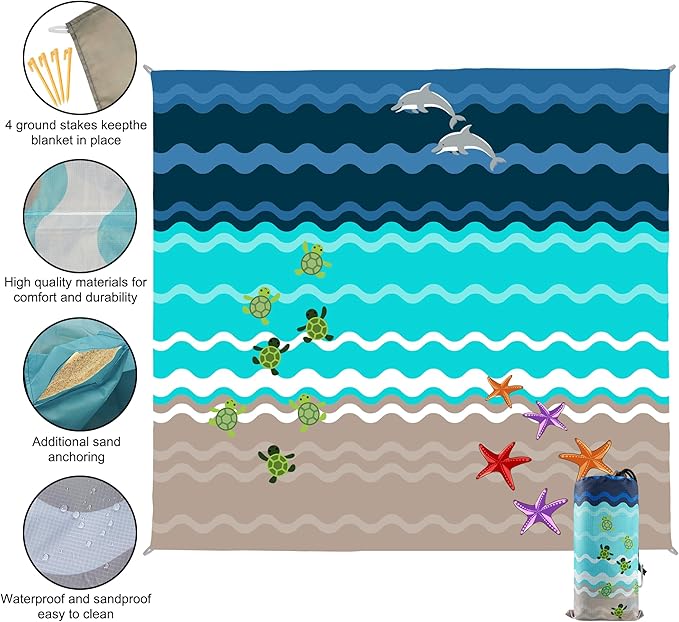 Beach Blanket Waterproof Sandproof, 79x79Inch Sand Free Beach Mat, Quick Drying, Light Weight and Portable Outdoor Picnic Mat for Travel, Camping