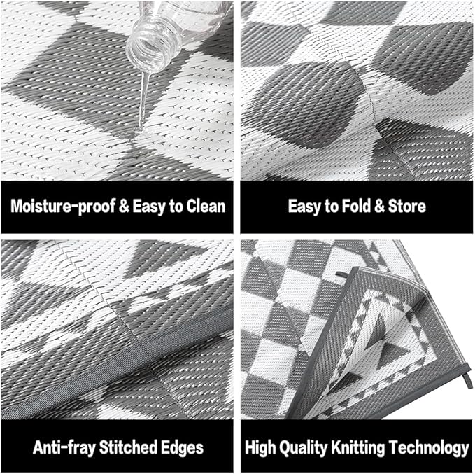 Outdoor Waterproof Rug 6'x9' Plastic Straw Rugs Washable Reversible Floor Mat Grey Plaid Carpet for Camping RV Deck Entryance Porch Picnic Balcony Beach Backyard