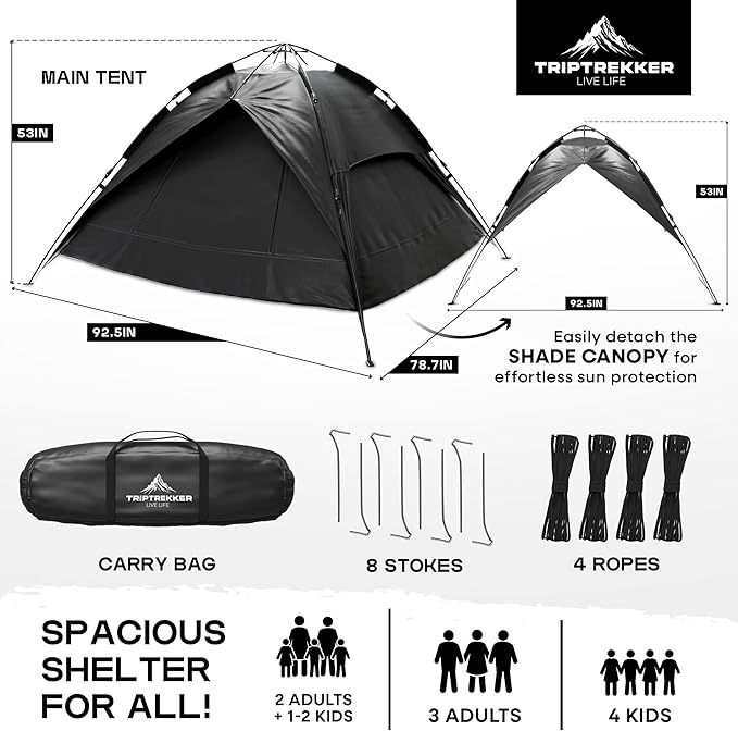 3-4 Person Automatic Instant Pop Up Tents for Camping - Fully Waterproof Camping Tents with Fly Screen, Storage - Portable Easy Set Up, Lightweight for Backpacking, Hiking Picnic