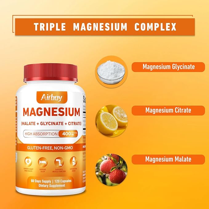 Airboy Magnesium Mineral Supplements Triple Magnesium Complex Supplement, 400mg of Magnesium Glycinate, Malate, Citrat, High Absorption Support Sleep, Muscle, and Relaxation,120 Vegan Capsules