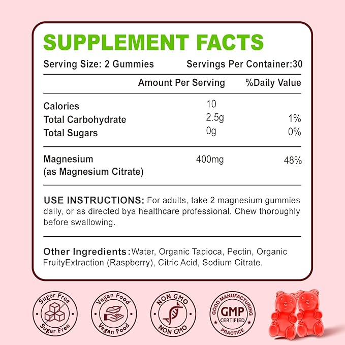 Magnesium Citrate Gummies, High Absorption Magnesium Gummies for Adults, Muscle & Teeth Support, 60 Vegan Natural Raspberry Gummies