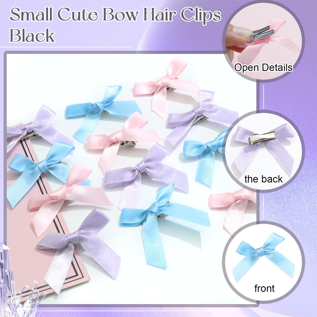 SAWINDA 30PCS Hair Accessories: Pink Satin Bows, Blue Mini Ribbons, Non-Slip Barrettes - Cute Clips for Kids, Women, and Girls