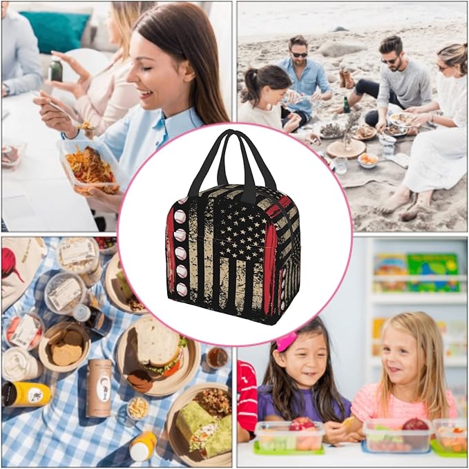 Imiss Baseball Lunch Bag Outdoor Sports American Flag Insulated Lunch Box Container Reusable Cooler Lunch Tote for Boys Men School Work Office Travel
