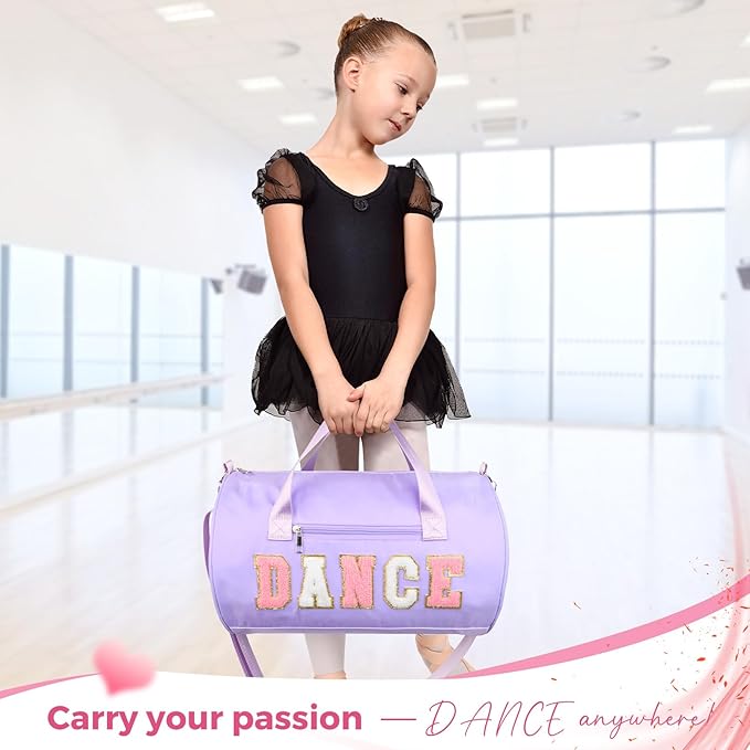 Dance Bag for Girls, KUIRAN 23L Waterproof Travel Duffel Bag with Colorful Chenille Letter, Lightweight Small Gym Sport Ballet Weekender Bag with Large Main Compartment - Purple