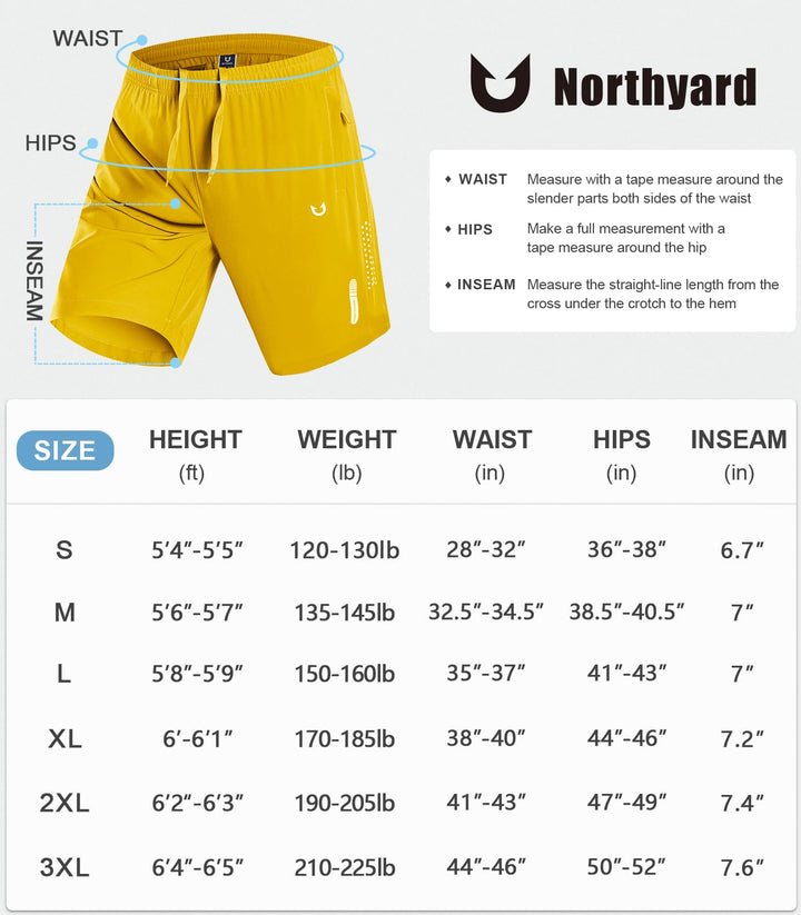NORTHYARD Men's Athletic Running Shorts Quick Dry Workout Shorts 7"/ 5"/ 9" Lightweight Sports Gym Basketball Shorts Hiking Exercise YELLOW S