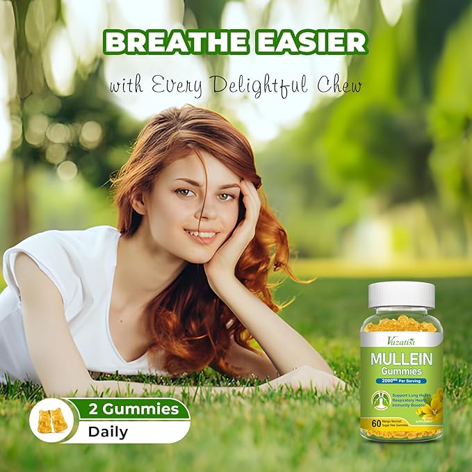 Mullein Gummies, Mullein Leaf Extract with Bromelain, Quercetin, Pine Bark Support Lung Cleanse for Healthy Breathing, 120ct