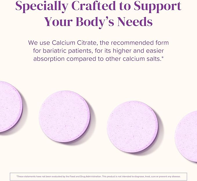 Barimelts Calcium Citrate with Vitamin D3 & Magnesium, 120 Smooth-Dissolving Tablets (1-Month Supply), Bariatric Calcium Supplements for Women, Natural Berry Flavor
