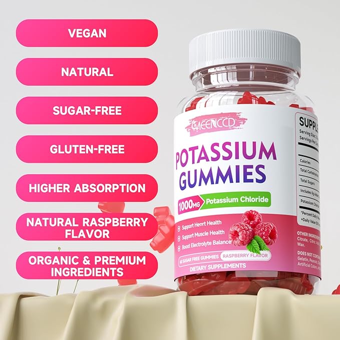 2 Pack Potassium Gummies, Potassium Chloride 1000mg for Adults, Sugar-Free Potassium Supplement Gummies Support Electrolyte Balance & Leg Cramps for Women & Men, Raspberry Flavor, 120 Count