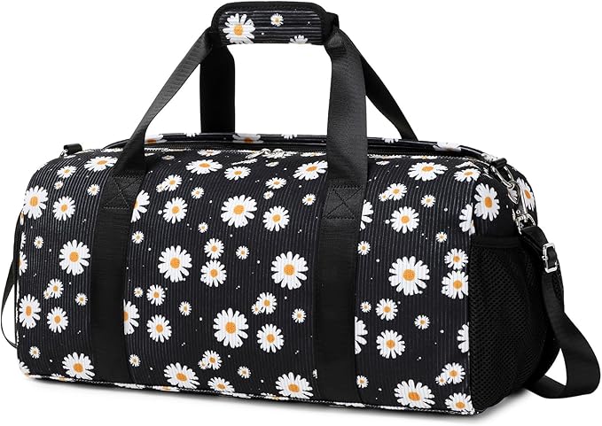 Dance Bag for Girls Corduroy Kids Duffel Bag Ballet Bag for Girls Teen Women Sports Gym Bag Water Resistant Travel Duffle Bags with Shoes Compartment（black daisy）