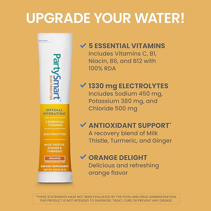 Himalaya PartySmart Orange Electrolytes Powder Packets, 12 Count, Supports Hydration, Rehydrate with Sodium & Potassium, Vitamin C & More, Antioxidant Recovery Blend Milk Thistle, Ginger & Turmeric