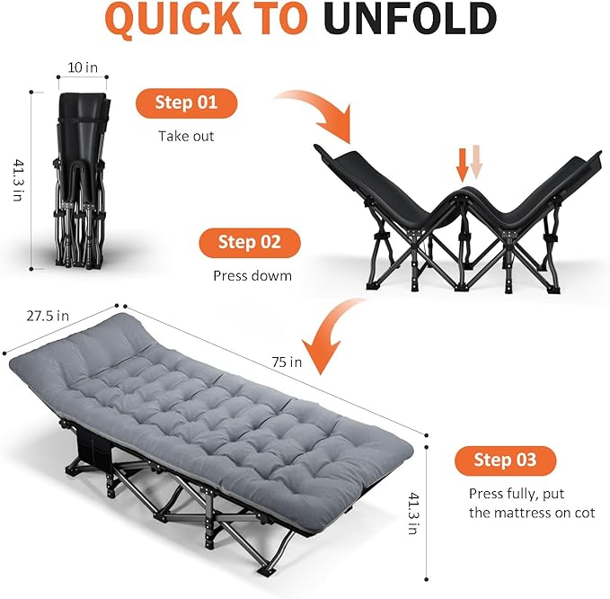 ATORPOK Camping Cot for Adults with Cushion Comfortable,Portable Folding Bed for Sleeping Supports 450 lbs (Gray)