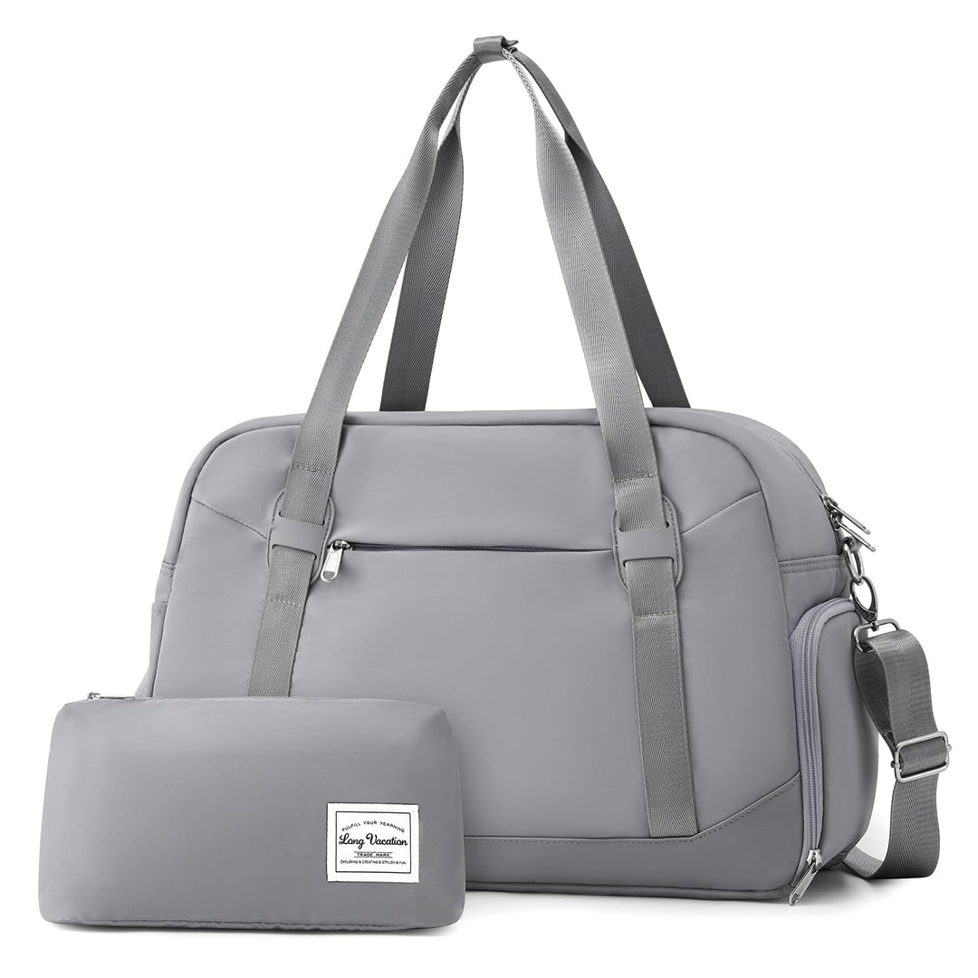 LONG VACATION Women's Travel Duffel Bag with Toiletry Bag, Sports Gym Bag Weekendeer Carry-on Tote with Shoe Compartment and Wet Pocket, Yoga Bag Fit 15.6inch Laptop (GREY, 18-inch)