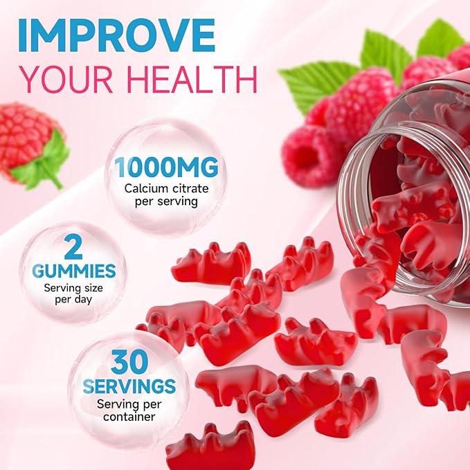 Calcium Citrate Gummies, Sugar Free Calcium Citrate 1000mg for Muscle Healthy, Absorption Calcium Supplements for Adults & Kids, Raspberry, 60 Count