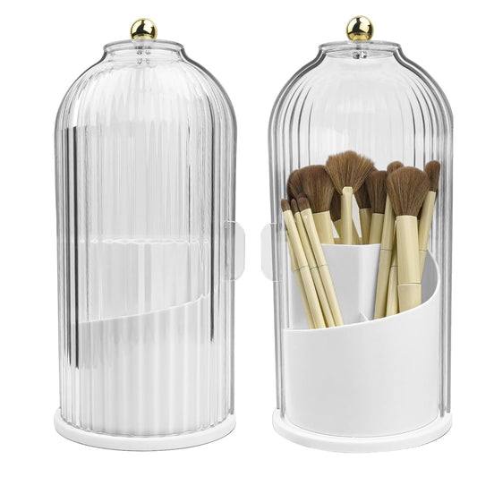 360° Rotating Make Up Brush Holder Storage with Clear Dustproof Lid, Sliding Opening Cosmetic Make-Up Organiser, Makeup Brushes Holder Organizers,Make-Up Brush Container Case for Dressing Table,Vanity