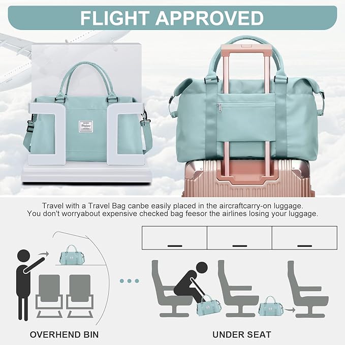 BJLFS Duffel Bag, Light Blue Nylon, 60L, Water-Resistant, Adjustable Strap, Overnight Travel, Workout, Sports Activities, Fits 15.6 Inch Laptop