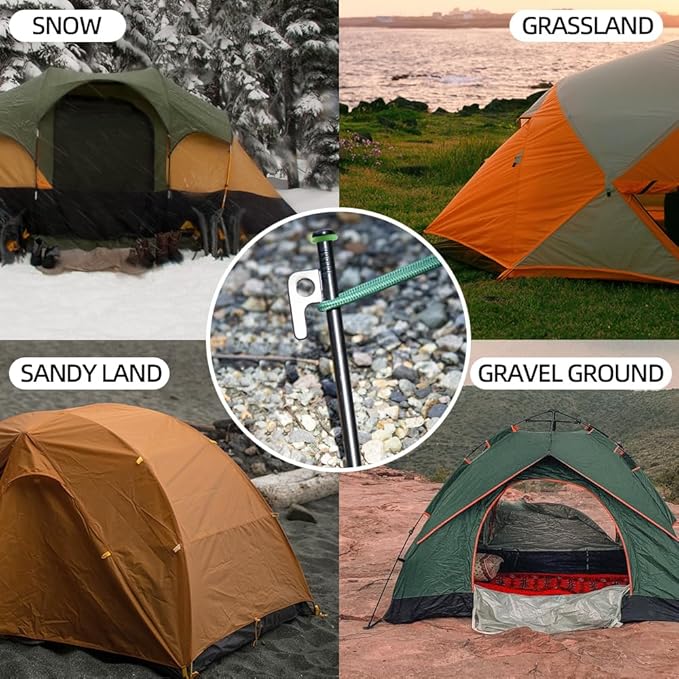 12Inch Heavy Duty Tent Stakes, 8PCS Tent Pegs Metal+Fluorescent Silicone Rings+ Storage Bag for Camping